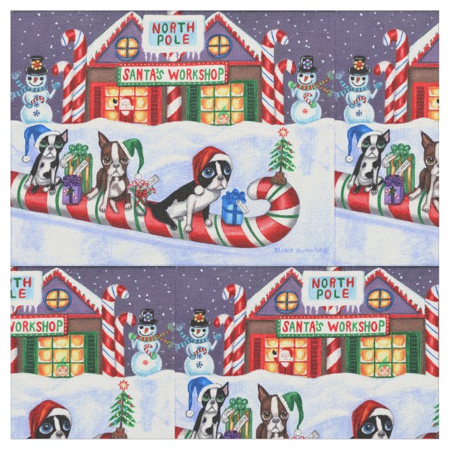 Boston Terriers Candy cane Santa Snögubbe Tyg (Närbild)