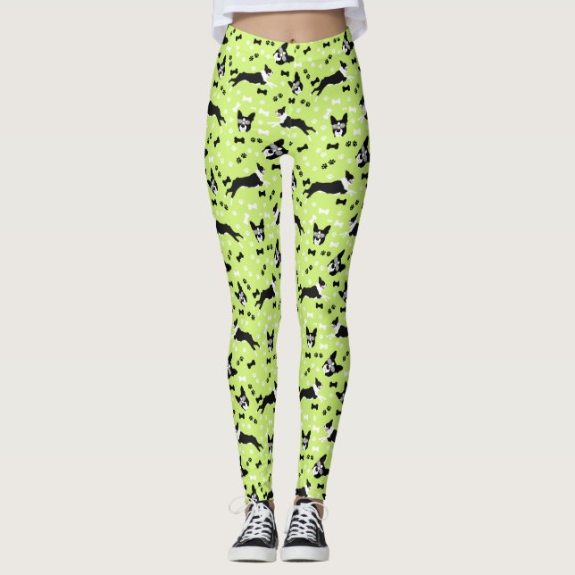 Boston Terriers Grönt Mönster Leggings (Framsida)