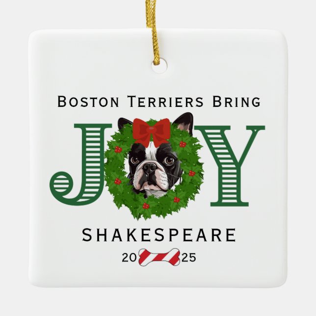 Boston Terriers Hämta Joy Julgransprydnad Keramik (Framsida)