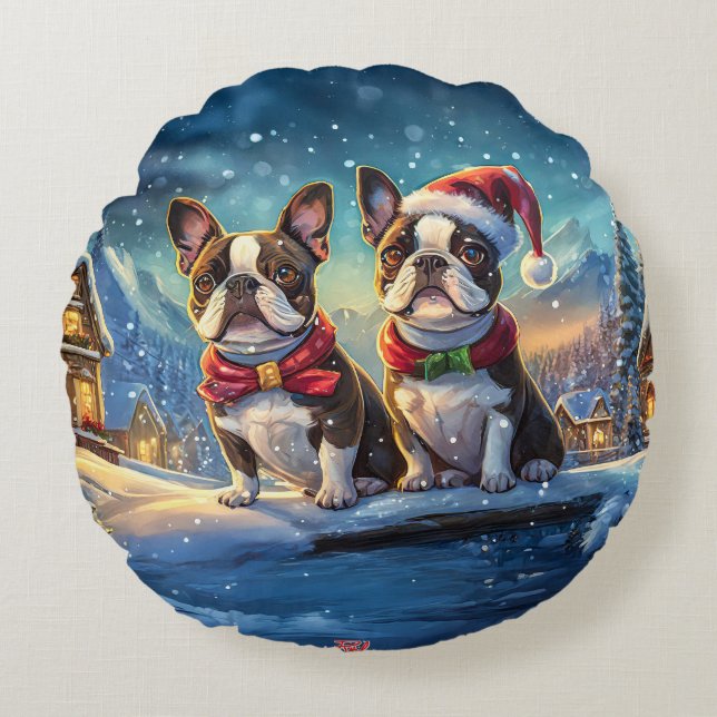 Boston Terriers Helgdag Design by Rik AMeN Gill Rund Kudde (Framsidan)