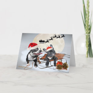 Boston Terriers Santa and Reindeer Card Helgkort