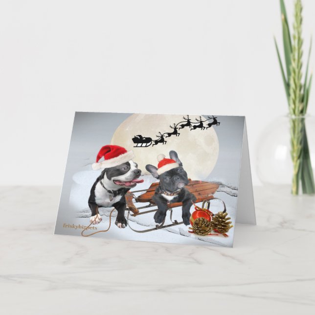 Boston Terriers Santa and Reindeer Card Helgkort (Framsida)
