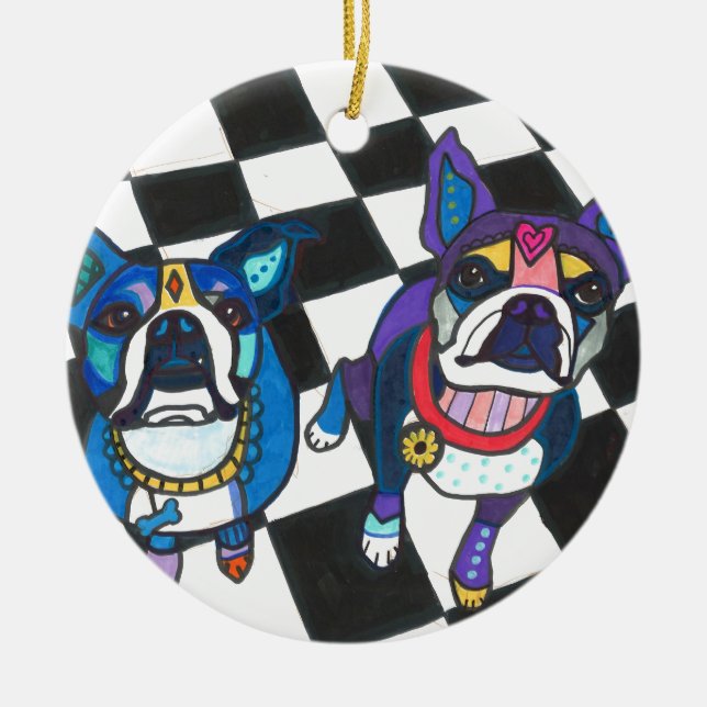 Boston Terriers vid ljung Galler Julgransprydnad Keramik (Framsidan)