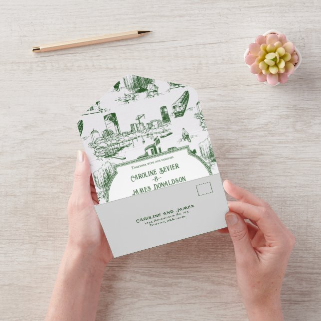 Boston Toile Forest Grönt AllinOne bröllopsinbjuda (Video)