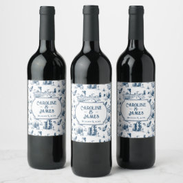 Boston Toile Navy Personlig Bröllop Vin Label Vinflaska Etikett