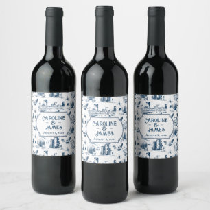 Boston Toile Navy Personlig Bröllop Vin Label Vinflaska Etikett