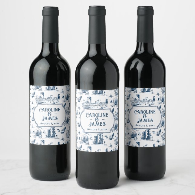 Boston Toile Navy Personlig Bröllop Vin Label Vinflaska Etikett (Flaskor)