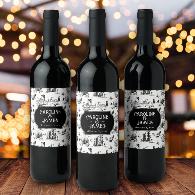 Boston Toile Personlig WeddingDate Flaska-etikett Vinflaska Etikett (Skapare uppladdad)