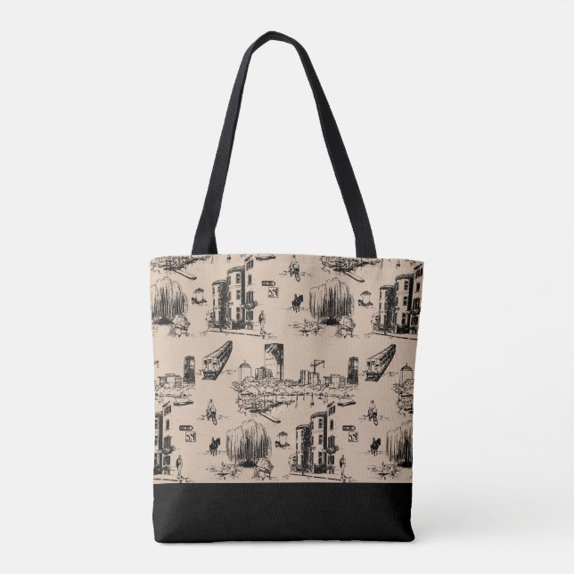 Boston Toile Tan Colorblock Tote Bag Tygkasse (Baksida)