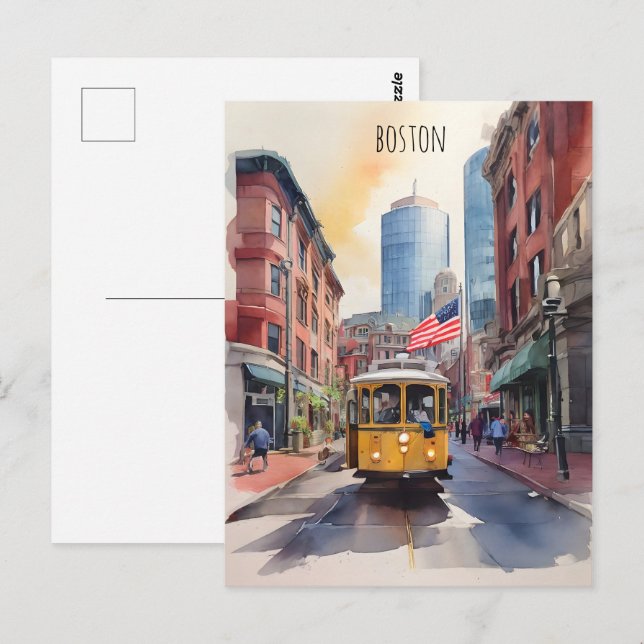 Boston vattenfärgskonst vykort (Fram/baksida)