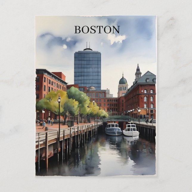 Boston vattenfärgskonst vykort (Framsida)