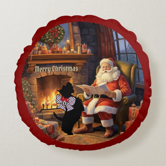 Boswell Scottie Hund & Santa Personlig Julafton Rund Kudde (Framsidan)