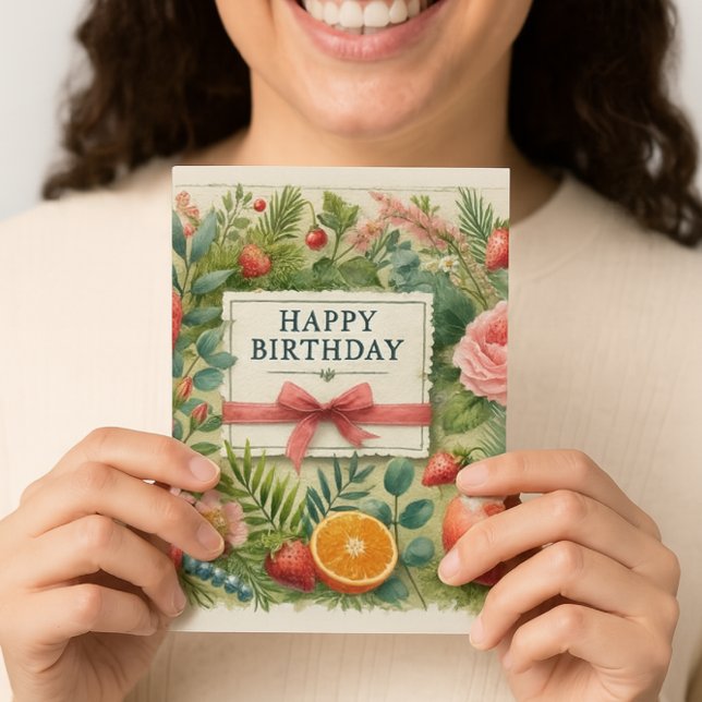 Botánisk förstårsdagshilsning till henne  kort (Botanical birthday cheer strawberries, roses, and pine frame a sweet wish with ribbon and bow )