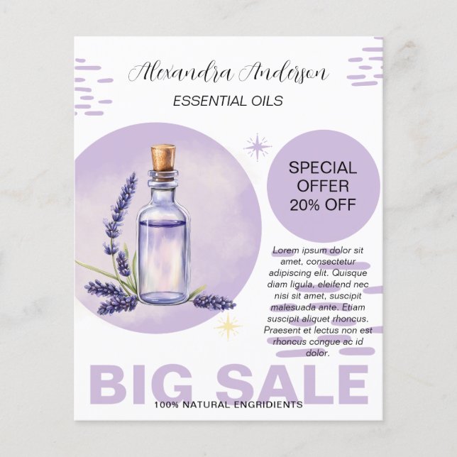 Botaillogiskt Lavendel Eterisk Olja Akvarell Promo Flygblad (Framsidan)