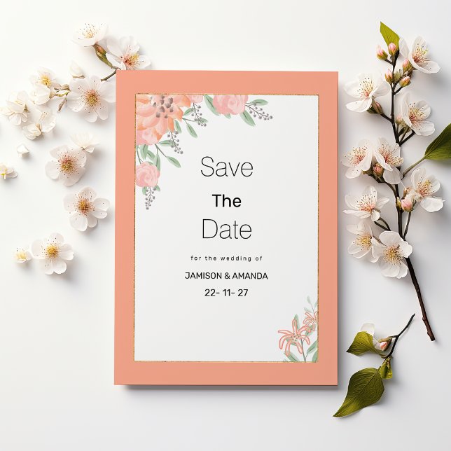 Botanic coral mint gold spring flora Save The Date Inbjudningar (Botanic coral mint gold spring flora Save The Date)
