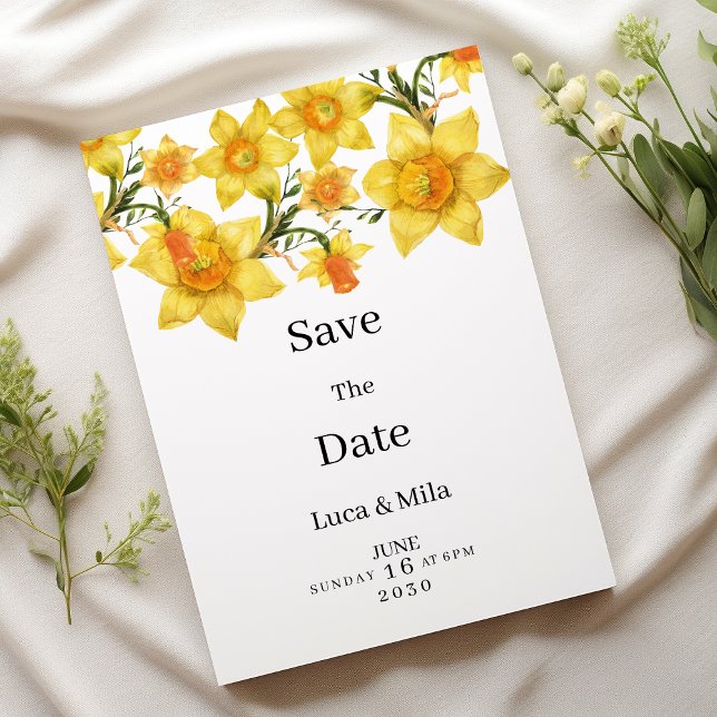 Botanic Spring Guldgul Narciss Flora Spara Datum Inbjudningar (Botanic Spring Golden Daffodil Flora Save the Date)