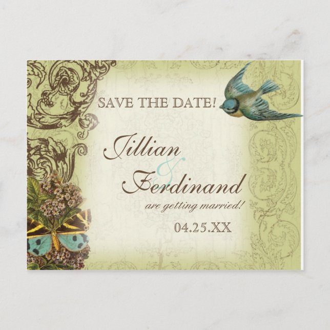 Botanica Bröllopskort Save the Date - Grön Meddelande Vykort (Framsida)