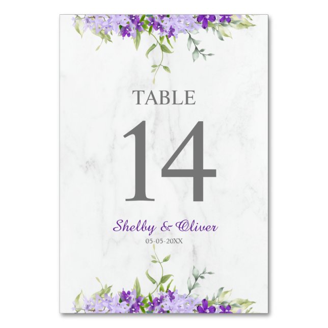 Botanical and Floral Wedding Design in Purple Bordsnummer (Framsidan)