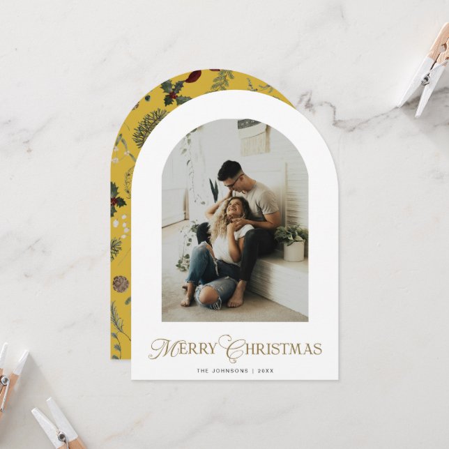 Botanical Arch Photo Gold Christmas Holiday Card Inbjudningar (Fram/Back In Situ)