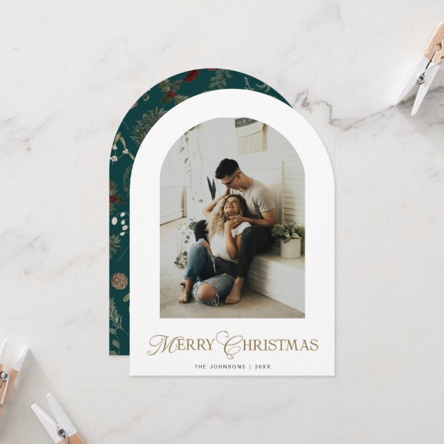 Botanical Arch Photo Green Christmas Holiday Card Inbjudningar (Fram/Back In Situ)