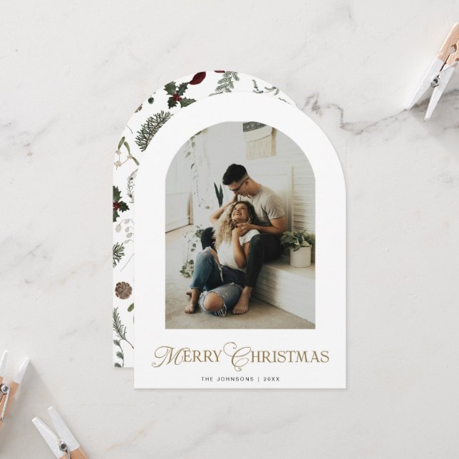 Botanical Arch Photo Merry Christmas Holiday Card Inbjudningar (Fram/Back In Situ)