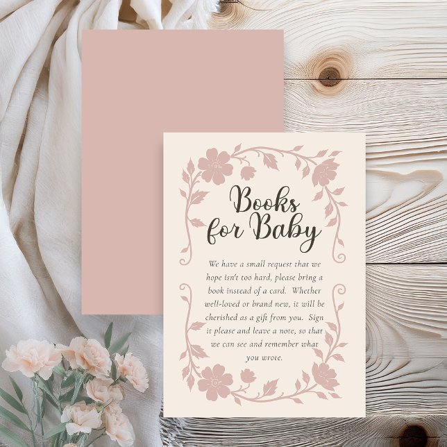Botanical Baby Shower Book Request Card Blush Tilläggskort (Elegant botanical baby shower book request card with soft blush floral design on neutral background )