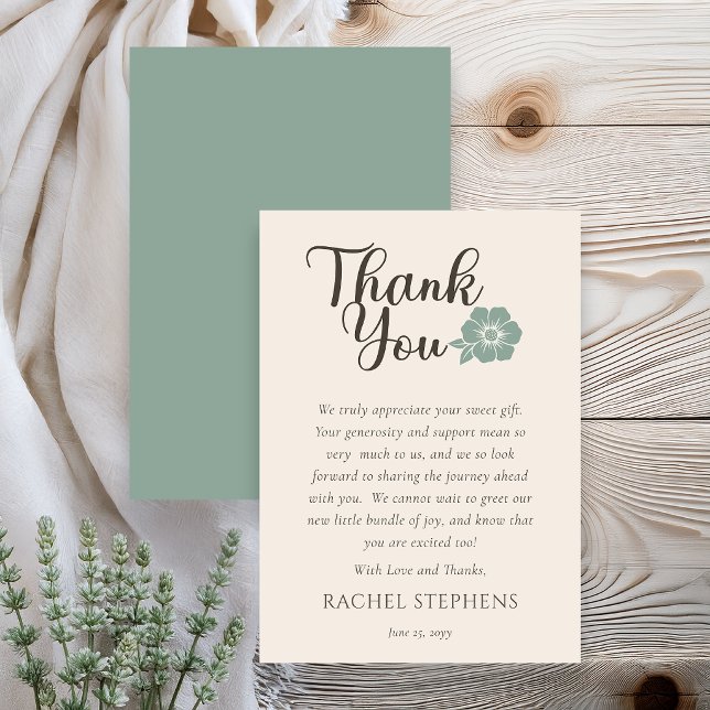 Botanical Baby Shower Thank You Card Sage Tack Kort (Elegant botanical baby shower thank you card with sage green floral accent on neutral background)