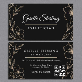 Botanical Black QR Code Esthetician Floral Visitkort