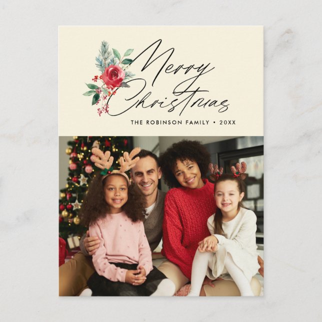 botanical black script christmas holiday card vykort (Framsida)