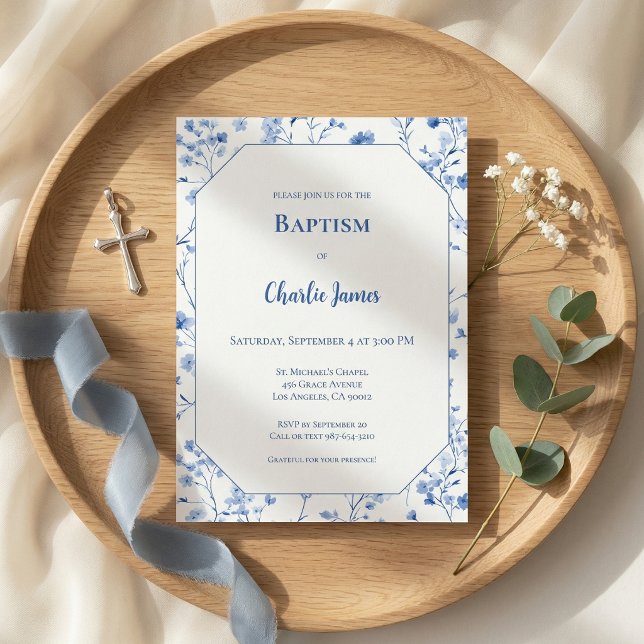Botanical Blue Baptism Invitation (Skapare uppladdad)