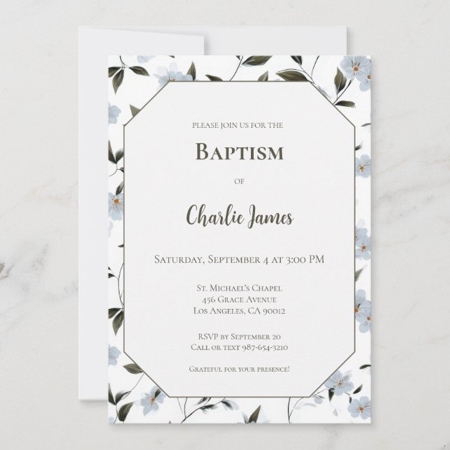 Botanical Blue Green Baptism Invitation (Framsida)