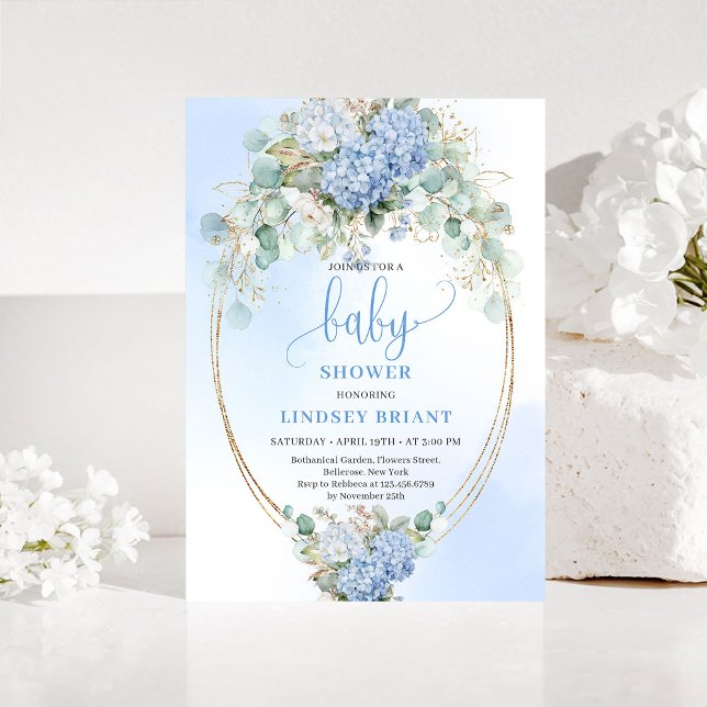 Botanical Blue Hydrangea Eucalyptus Baby Shower  Inbjudningar (Botanical Blue Hydrangea Eucalyptus Baby Shower Invite)