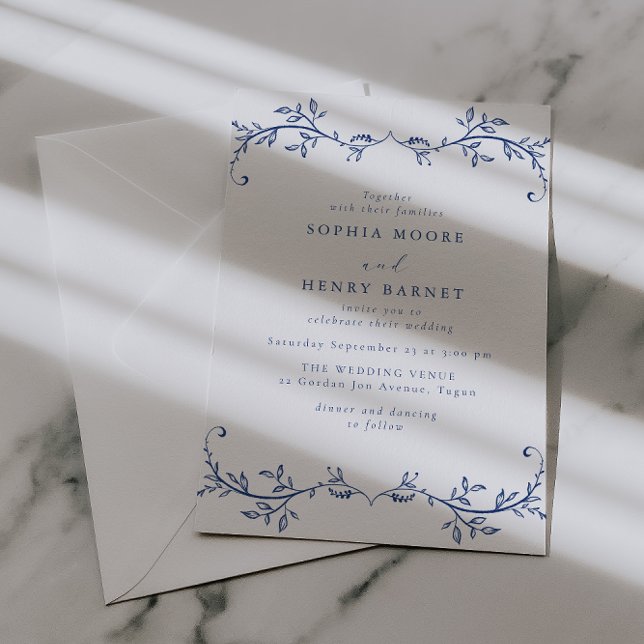 Botanical Blue Line Art Elegant Wedding Inbjudningar (Skapare uppladdad)