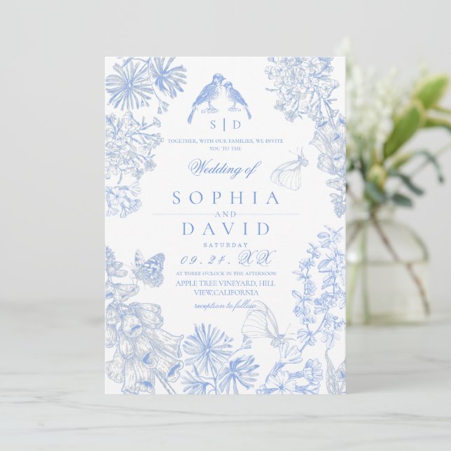 Botanical Blue White Rustic Wildflowers Wedding  Inbjudningar (Stående Fram)