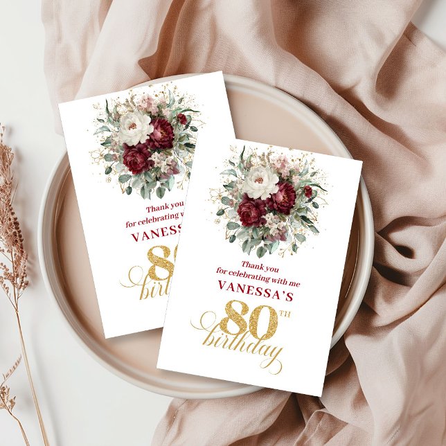 Botanical Blush Burgundy 80-årsdag Tack Kort (Botanical Blush Burgundy 80th Birthday Thank You Card)
