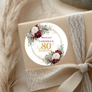 Botanical Blush Burgundy 80-årsdagsetiketter Runt Klistermärke