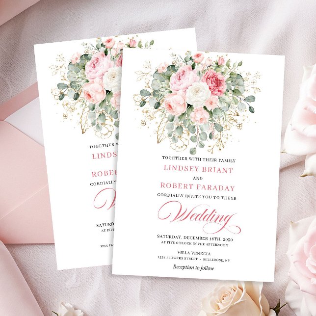 Botanical Blush Roses Gold Wedding Invitation Inbjudningar (Botanical Blush Roses Gold Wedding Invitation)