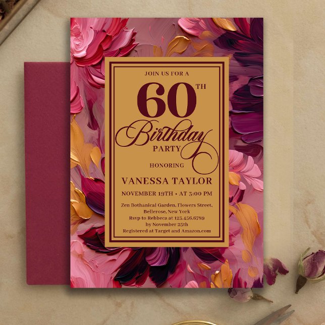 Botanical Boho 60th Birthday Burgundy Floral Gold Inbjudningar (Botanical 60th Birthday Burgundy Floral Gold Invitation)