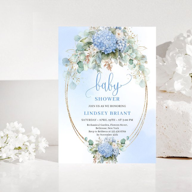 Botanical Boho Blue Hydrangea Baby Shower Invitati Inbjudningar (Botanical Boho Blue Hydrangea Baby Shower Invitation)