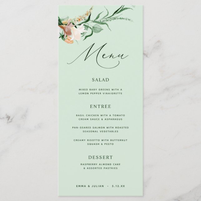 Botanical Boho Greenery Neutralt Sage Bröllop Menu Meny (Framsida)