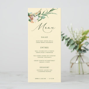 Botanical Boho Greenery Pastel Gult Bröllop Menu Meny