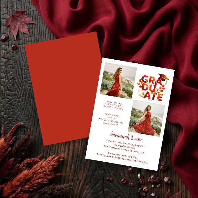 Botanical Boho Red Shades Graduation 2-Photo Inbjudningar (Botanical Boho Graduation Invitation with 2-Photo Layout in Red Shades and Digital Download. )