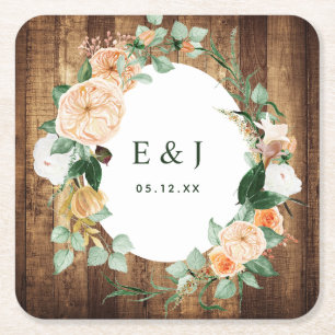 Botanical Boho Rustic Wood Monogram Barn Bröllop Underlägg Papper Kvadrat