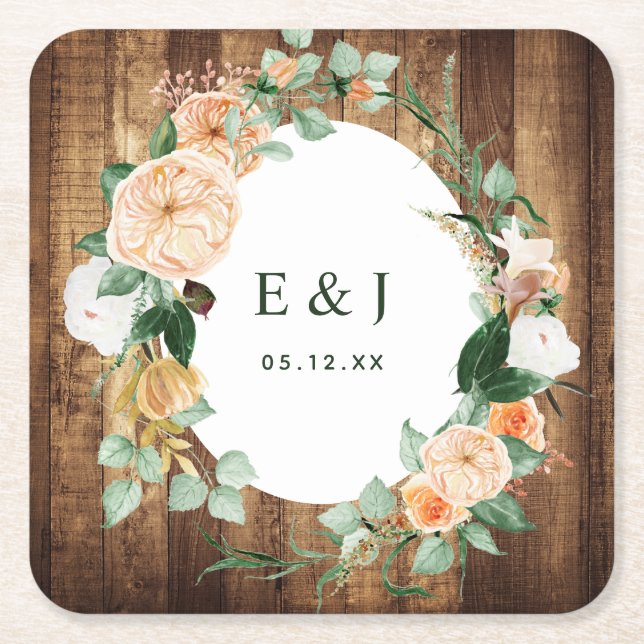 Botanical Boho Rustic Wood Monogram Barn Bröllop Underlägg Papper Kvadrat (Framsidan)