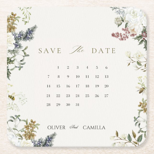 Botanical Calendar Save the Date Card Template Underlägg Papper Kvadrat (Framsidan)
