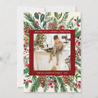Botanical Christmas Photo Square Green and Holly Julkort