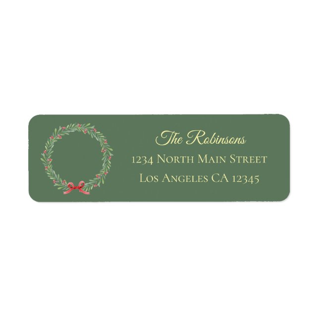 Botanical Christmas Wreath Modern Script Address Returadress Etikett (Framsidan)