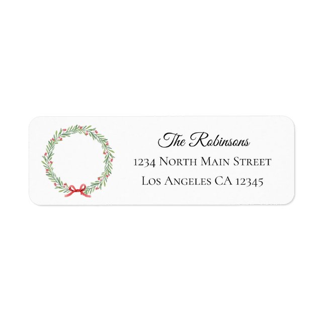 Botanical Christmas Wreath Modern Script Address Returadress Etikett (Framsidan)