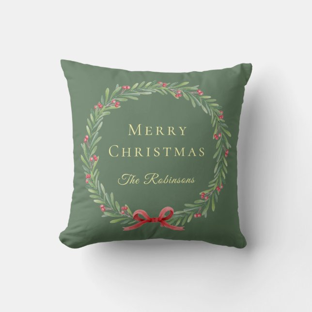 Botanical Christmas Wreath Modern Script Kudde (Framsida)