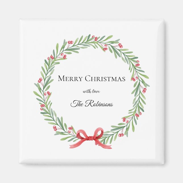 Botanical Christmas Wreath Modern Script Magnet (Framsidan)